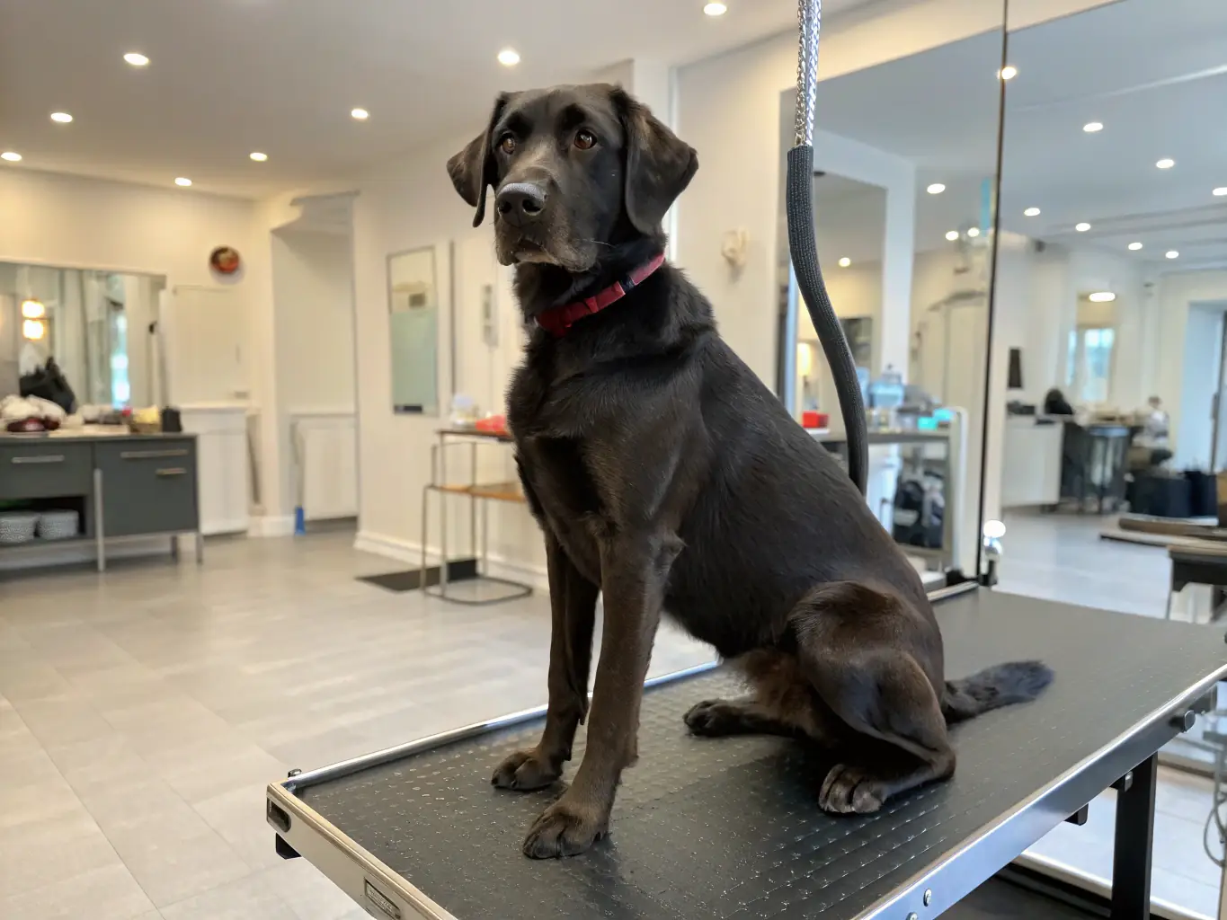 A beautifully groomed Golden Retriever with a perfectly styled haircut, showcasing Olga Shark's expertise in breed-specific grooming. The dog is standing on a grooming table in a professional salon setting.
