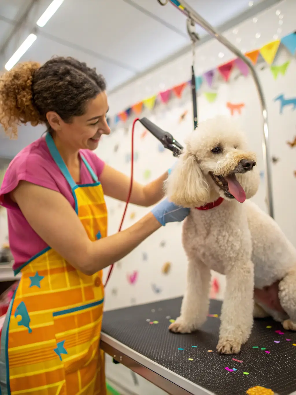 A Poodle with a meticulously sculpted show cut, standing proudly on a grooming table, highlighting the precision and artistry of the groom.