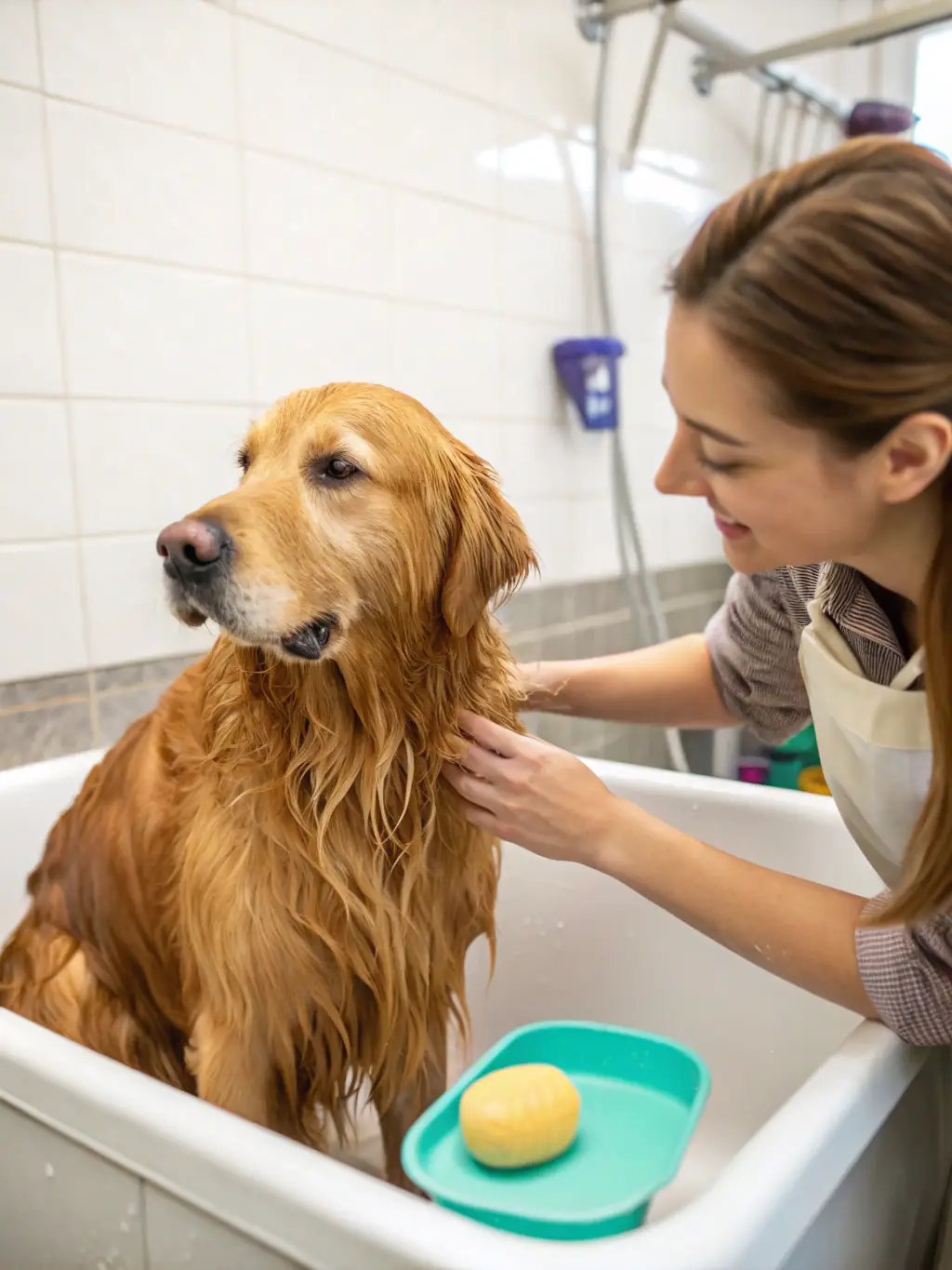 A golden retriever with a fluffy, expertly trimmed coat, showcasing a standard breed cut, photographed in a bright, professional grooming studio.